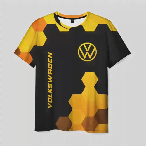 Футболка Volkswagen - gold gradient: символ и надпись вертикально Мужская 3D-0