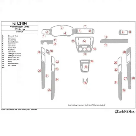 Накладки салона под дерево, карбон, алюминий для Volkswagen Jetta 2015-UP. Комплект L2154.-0
