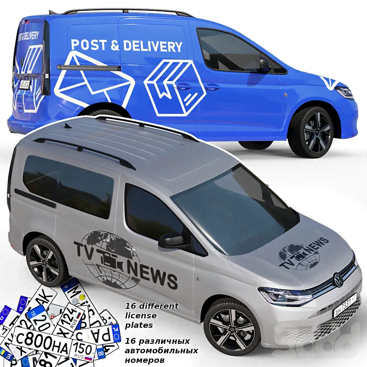 Среднеполигональный автомобиль Volkswagen Caddy 2022 - Транспорт - 3D модель-0