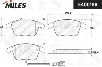 Тормозные колодки Miles (Low-Metallic) передние для Volkswagen Tiguan I 2007-2018. Артикул E400186-2