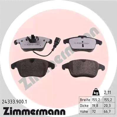 Тормозные колодки Zimmermann rd:z передние для Volkswagen Tiguan I 2007-2018. Артикул 24333.900.1