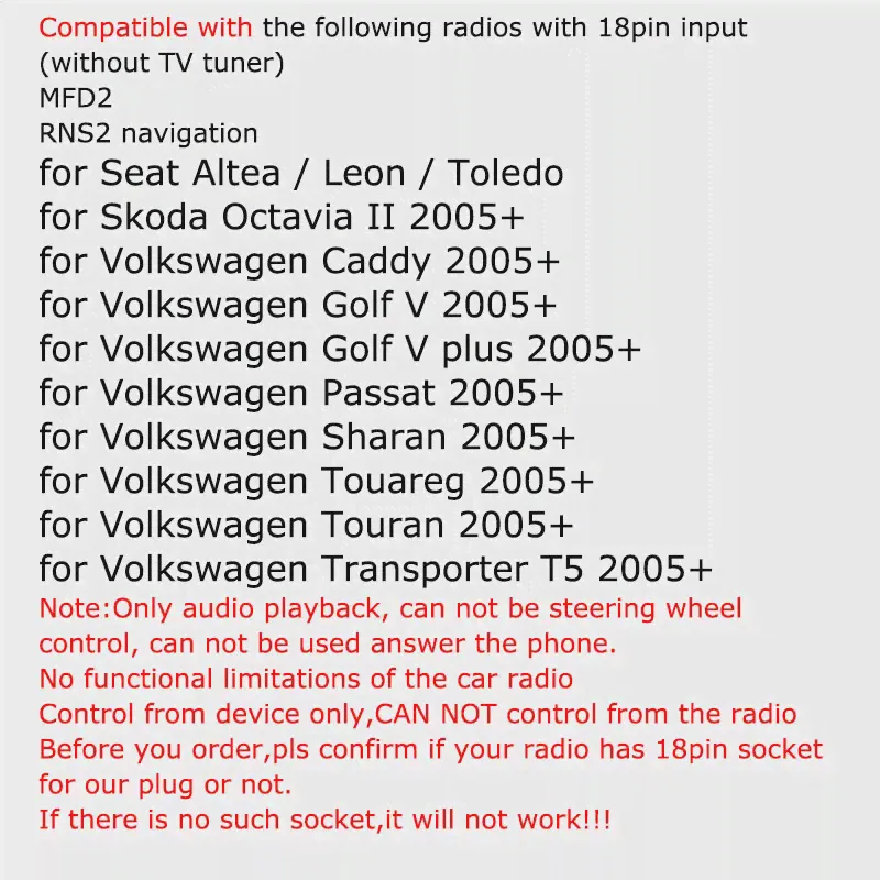 Автомобильный Bluetooth-модуль LISIDIC, аудиоресивер для Volkswagen, Skoda Seat, 18pin, интерфейс MFD2, RNS, RNS2, беспроводные автомобильные комплекты (art.: 3a388001859)-1